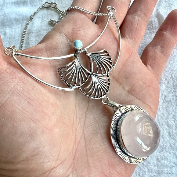 925 ORNATE Rose Quartz + Larimar Necklace Pendant - Picture 5 of 10